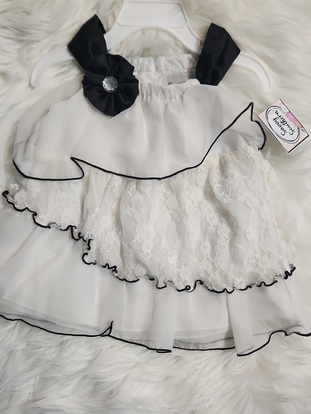 White & Black Ruffle Lace Top with Bow Accent - Kids Size 3T - Brand: Rare Too